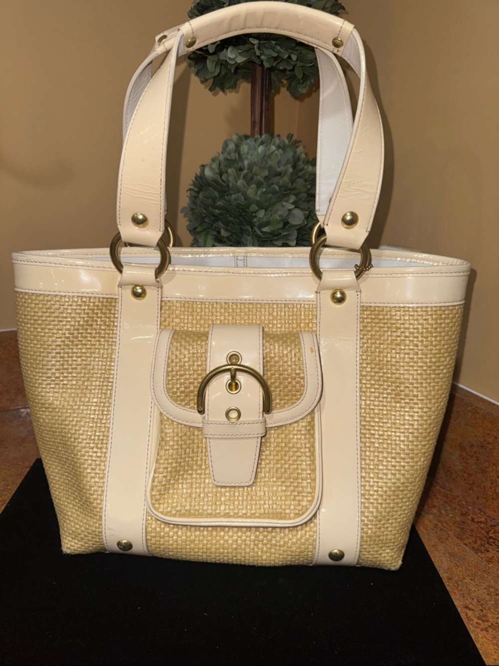 Coach Patent Leather & Straw Tote